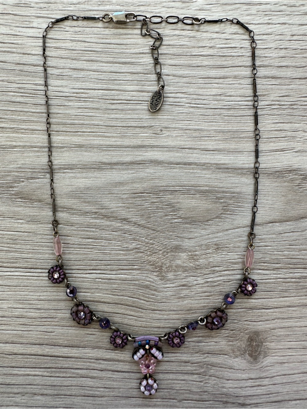Ayala Bar Authentic Handcrafted Beaded Statement Necklace Purple Pewter Flower